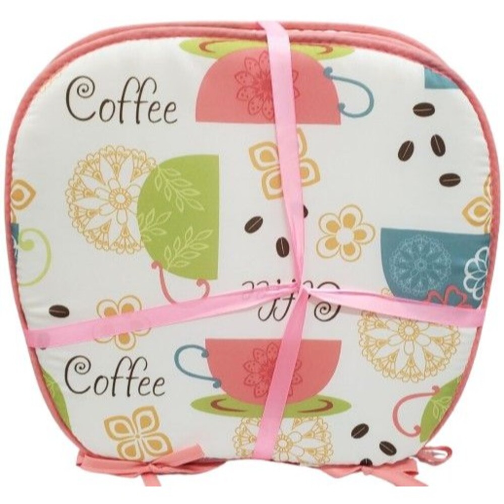 Set of 4 Cushion Chair Pads with pink ties (15"x15") COFFEE CUPS & BEANS # 2, BH
